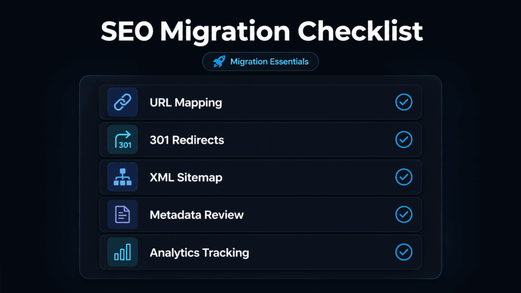 SEO migration checklist for website design for mergers and acquisitions.