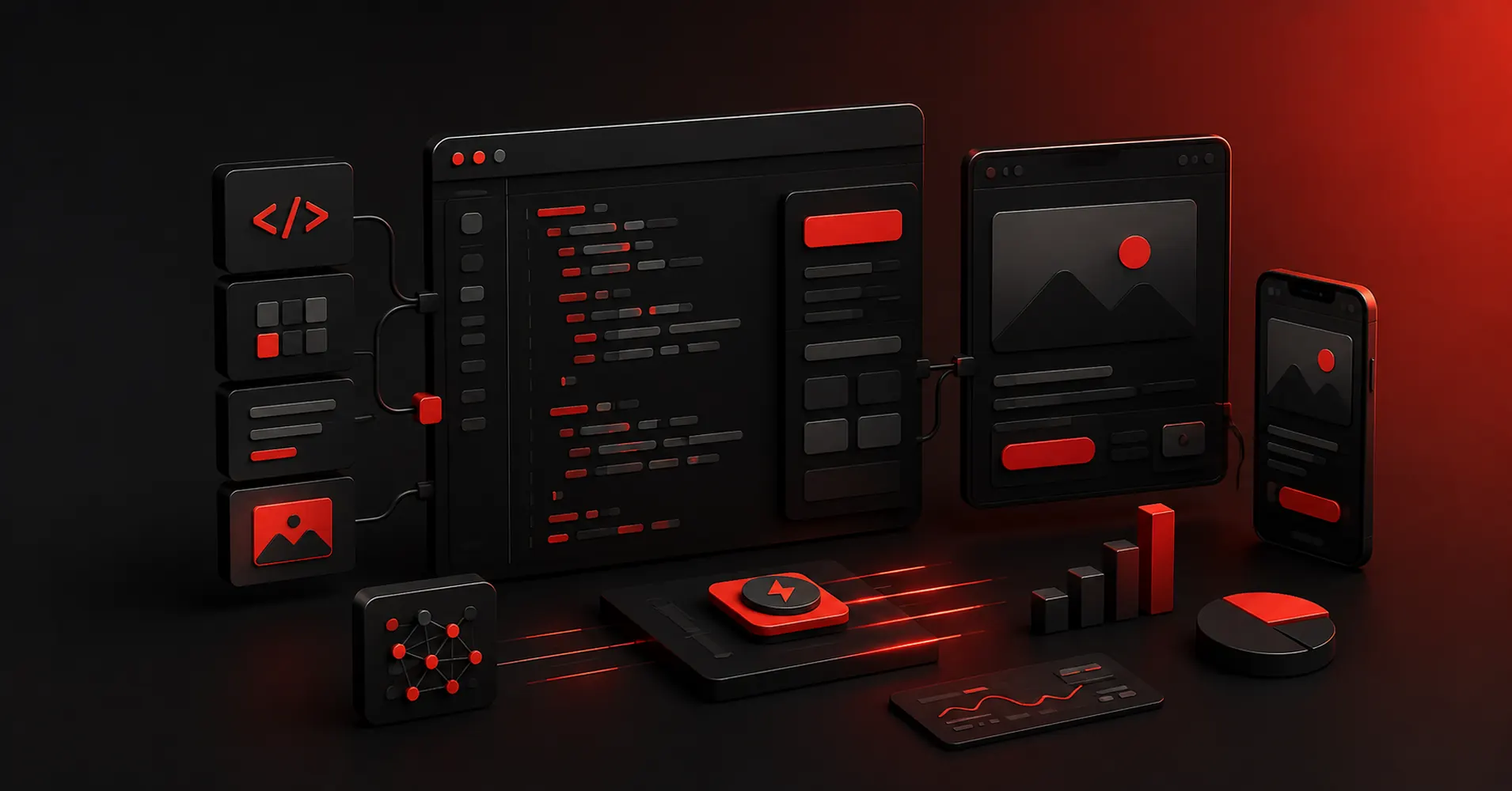 Dark red and black 3D illustration of AI frontend tools with code and live interface previews