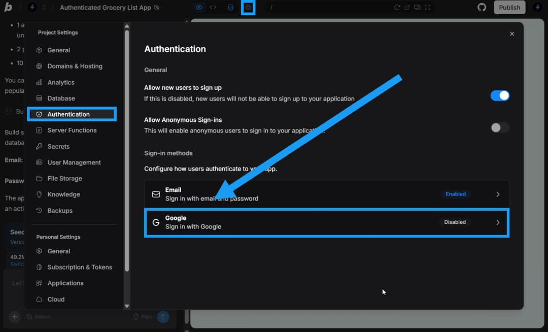 Bolt project Authentication settings with Google sign-in controls