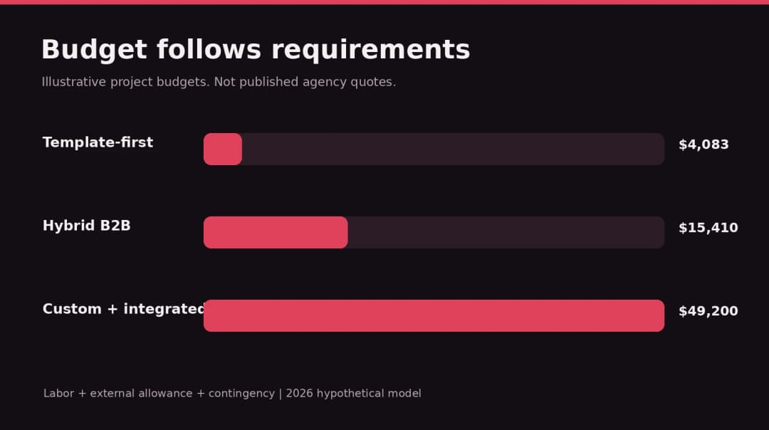 Illustrative budgets for template, hybrid, and custom website projects