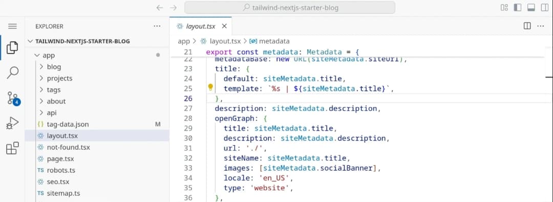 Next.js layout.tsx metadata and Open Graph configuration in VS Code via code-server