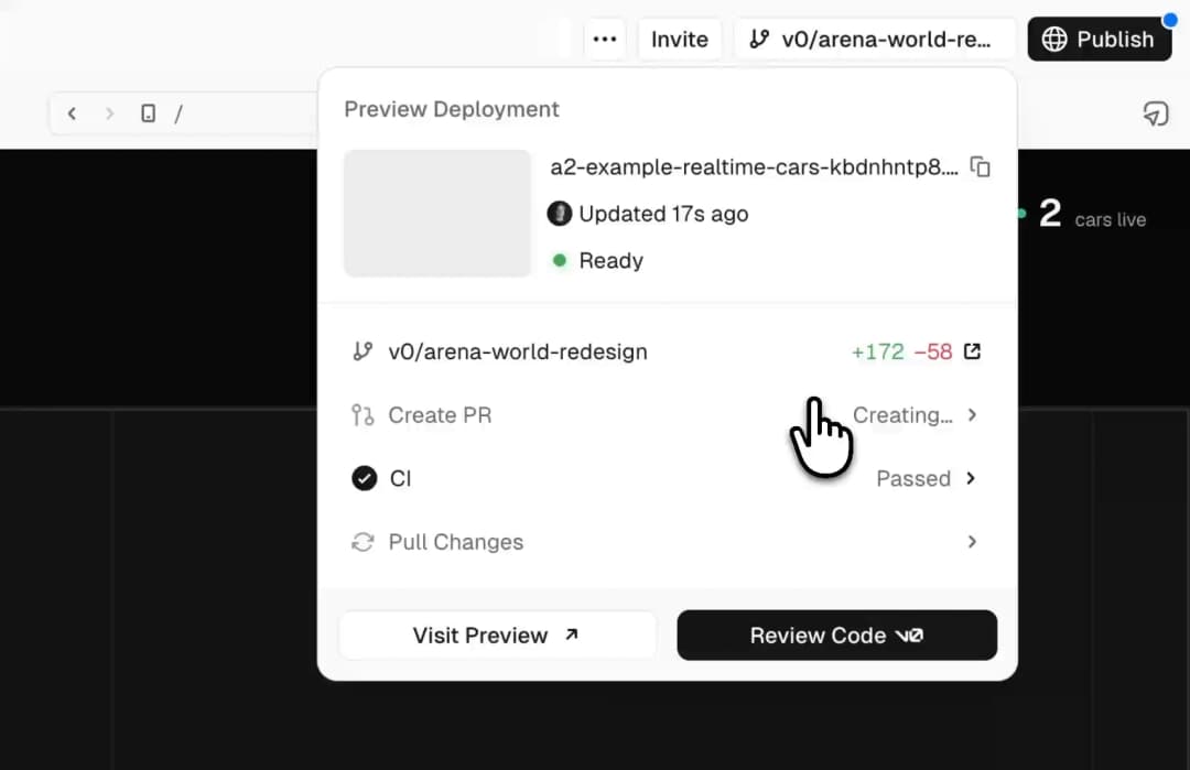 v0 branch preview showing branch diff, Create PR and passed CI