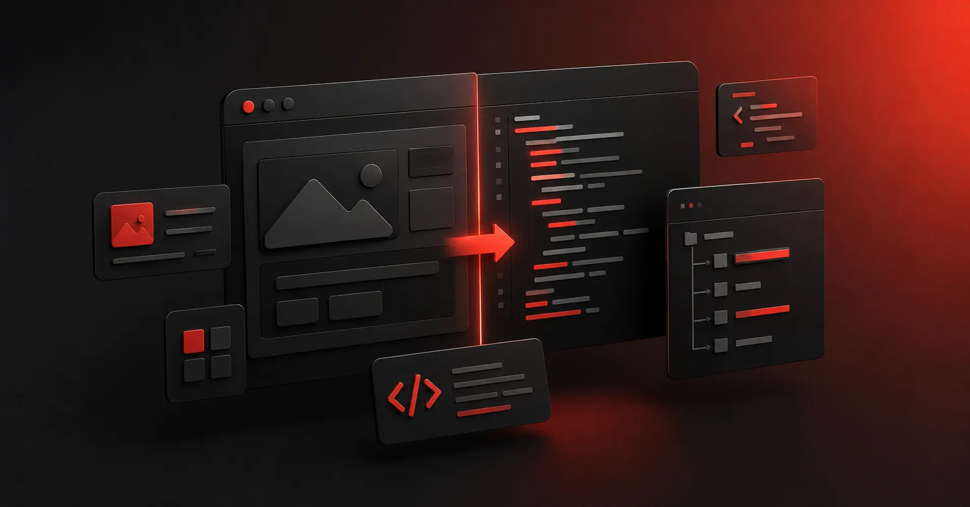 Dark red and black 3D illustration of design-to-code workflow from interface to frontend code
