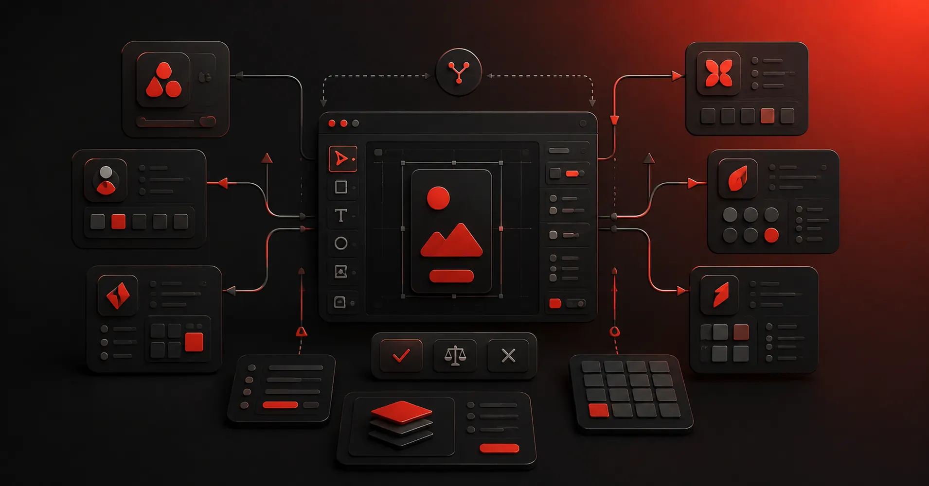 Dark red and black 3D illustration of AI interface tools representing Google Stitch alternatives
