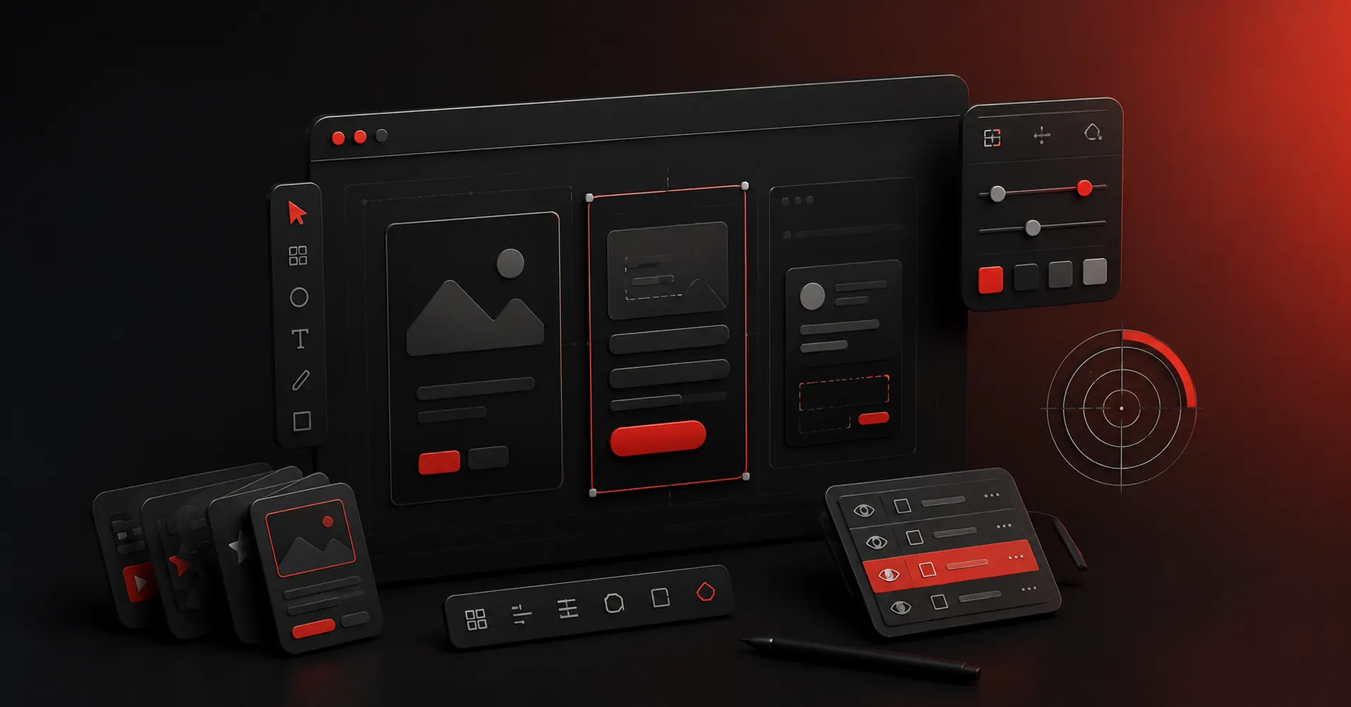 Dark red and black 3D illustration of UI design tools for web and mobile interfaces