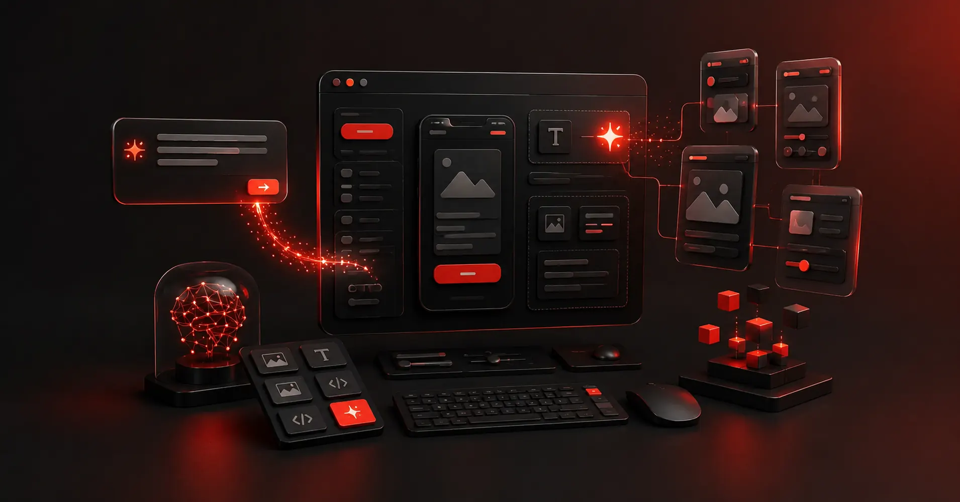 Dark red and black 3D illustration of AI wireframing tools generating interface layouts