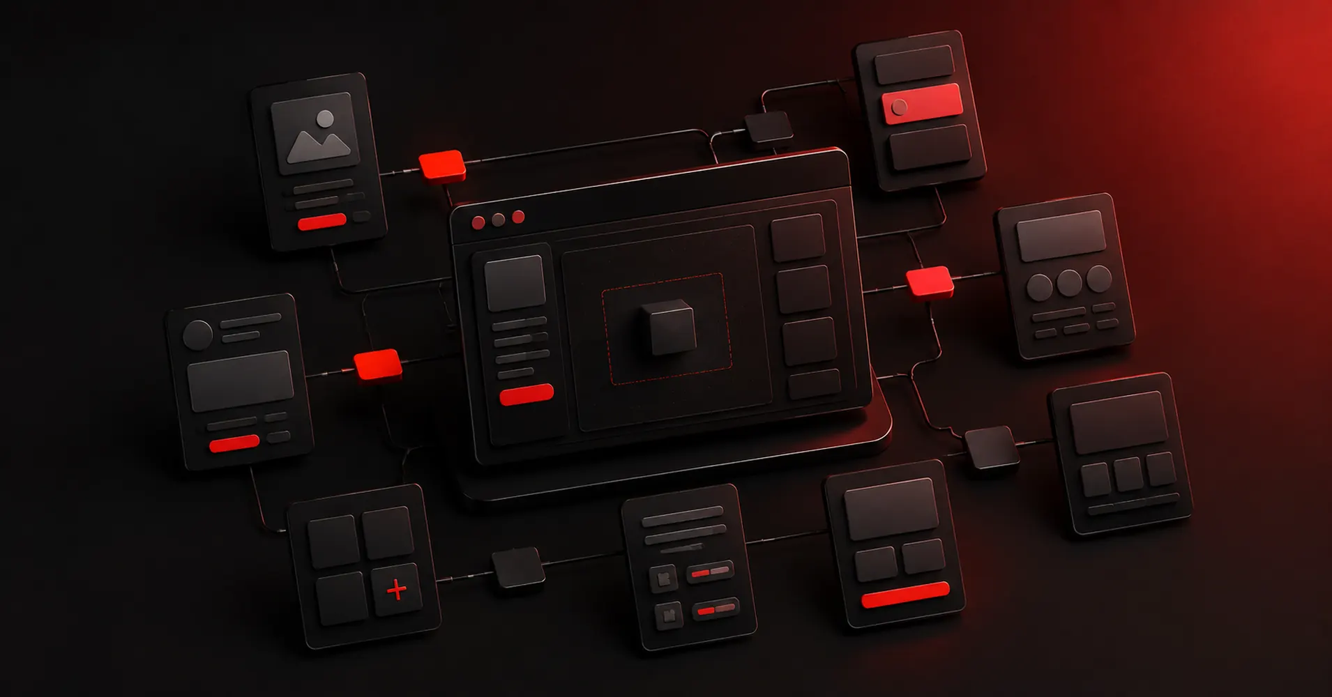 Dark red and black 3D illustration of interface design tools representing Figma alternatives
