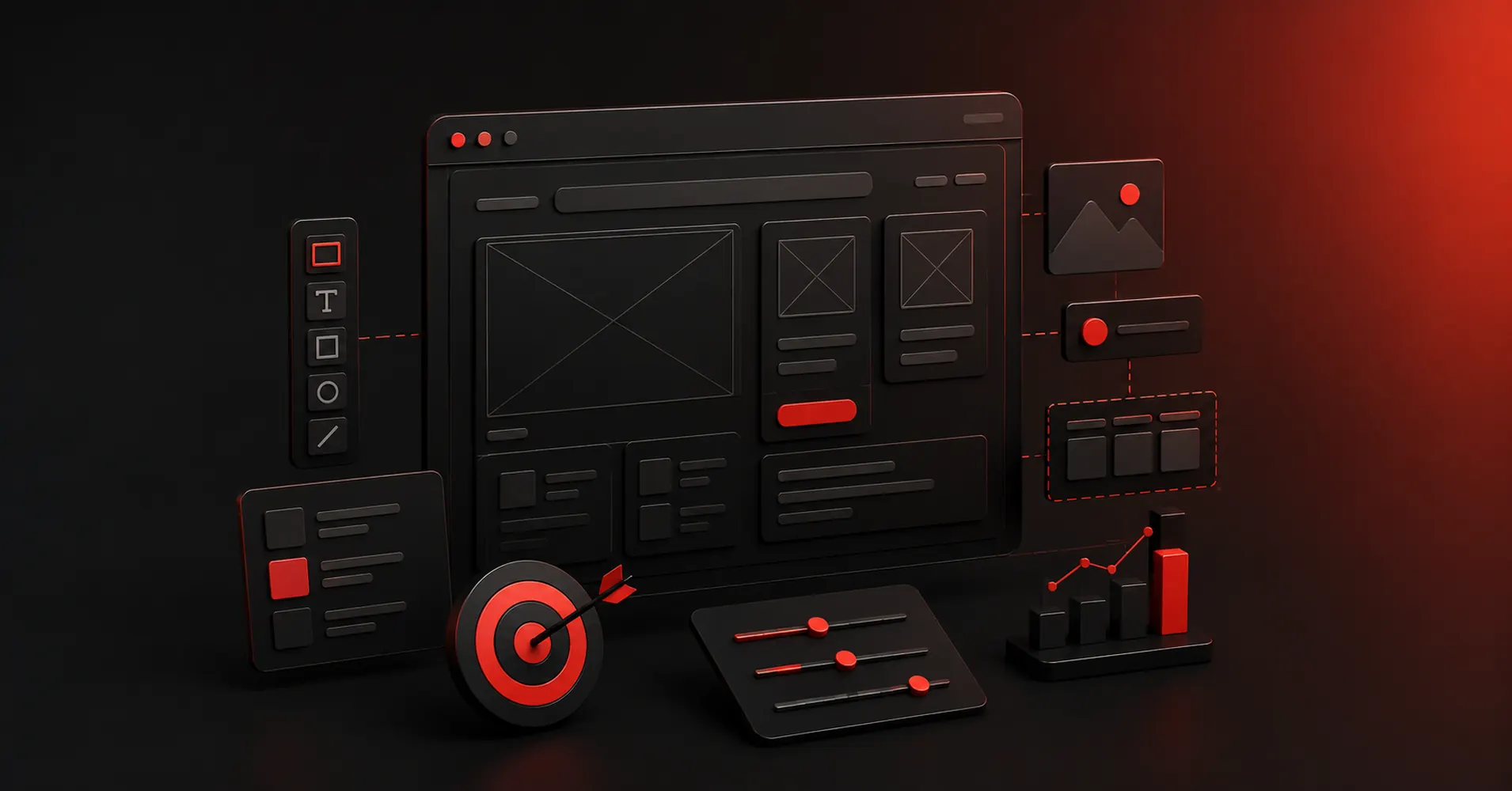 Dark red and black 3D illustration of wireframing tools for designer workflows