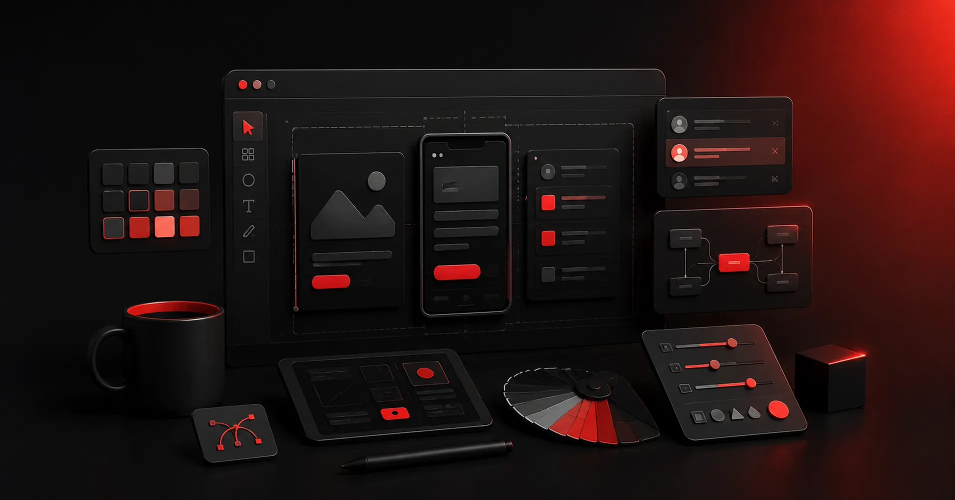 Dark red and black 3D illustration of UI and UX design tools across a product design workflow