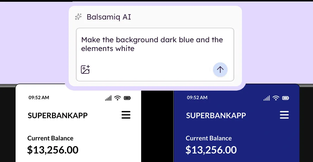 Balsamiq AI wireframing interface with a low-fidelity product layout