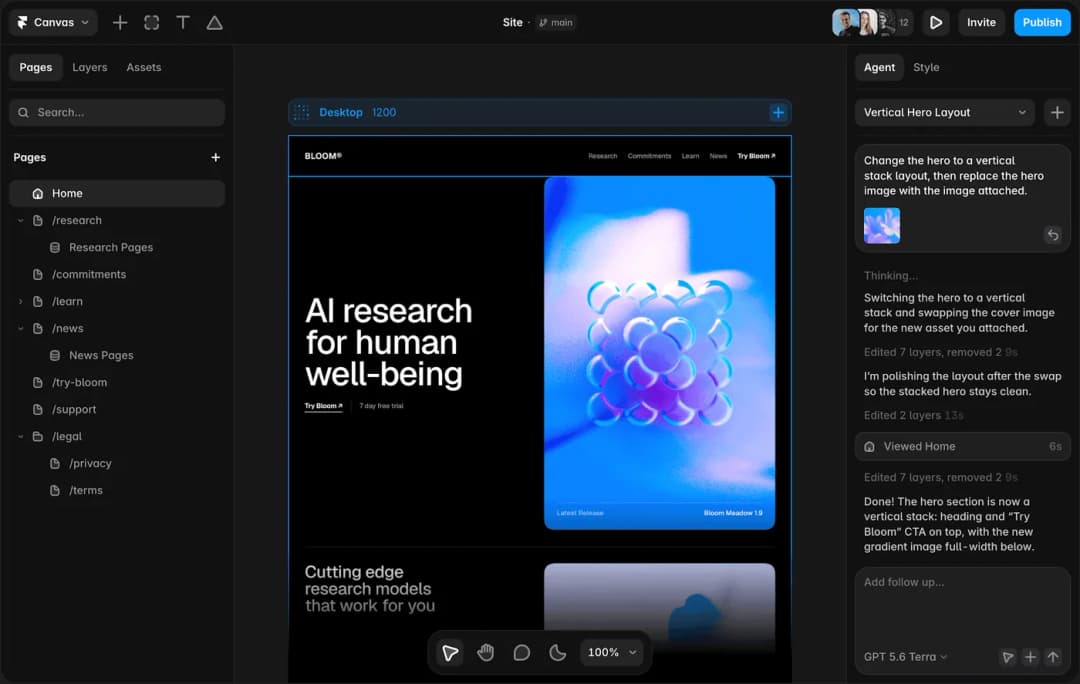 Framer AI design canvas with a responsive website wireframe