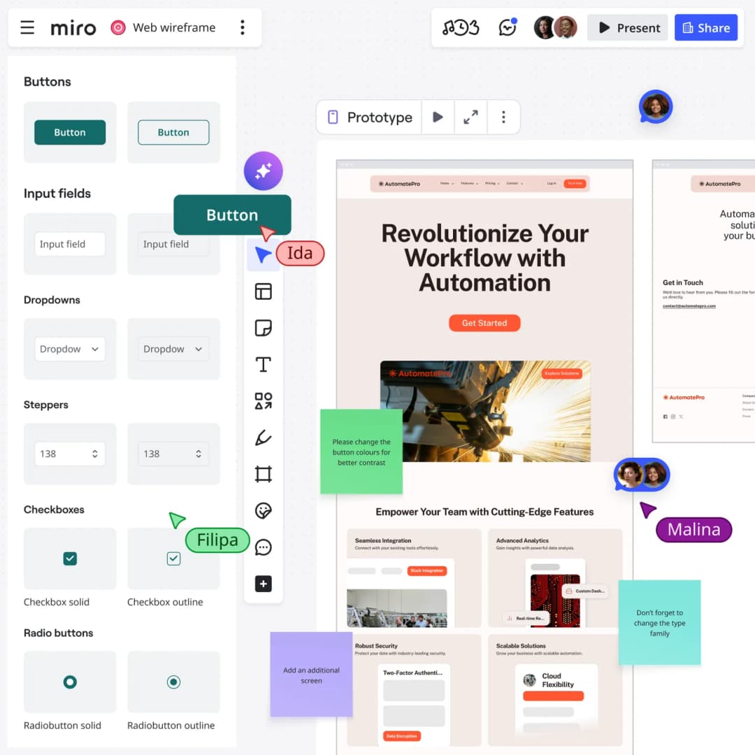 Miro collaborative wireframing board with research and interface layout