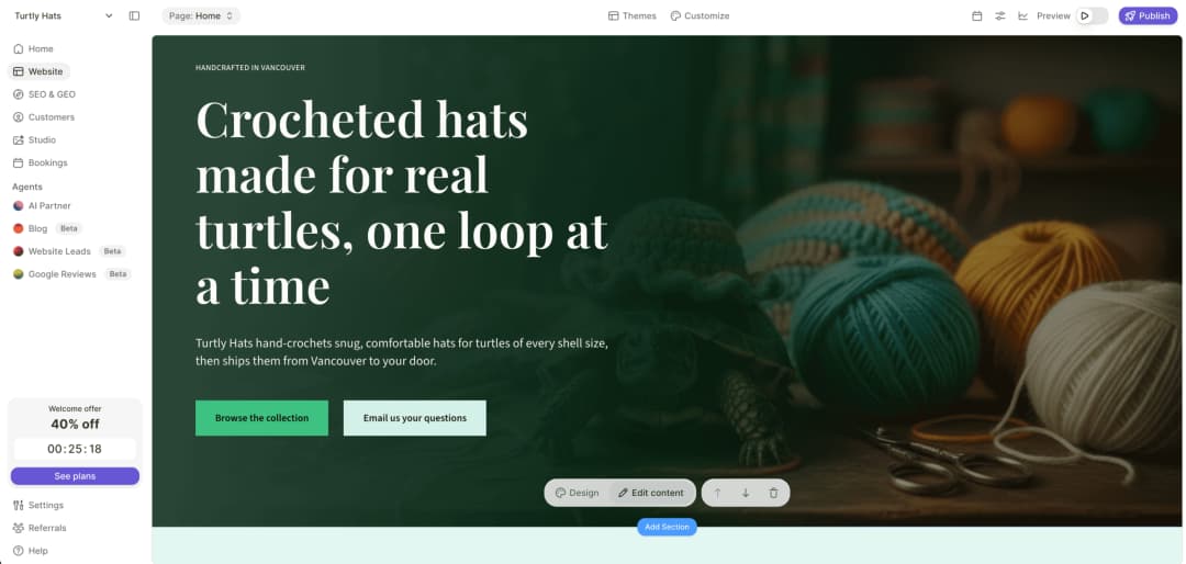 Durable site editor showing a crochet shop canvas and editing controls