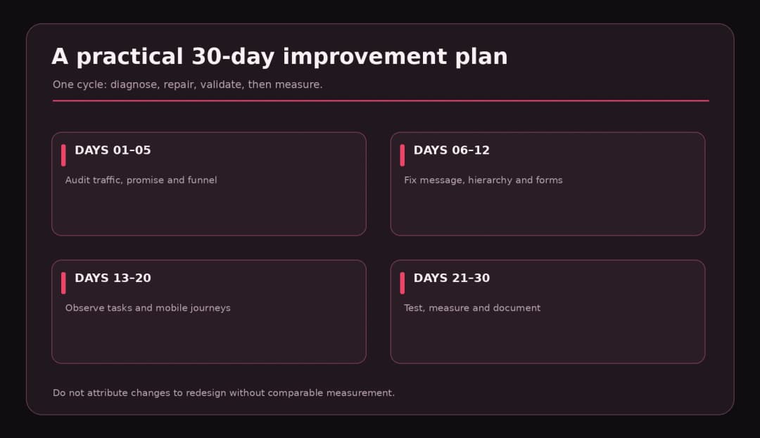 Four-stage 30-day plan to diagnose repair validate and monitor a landing page