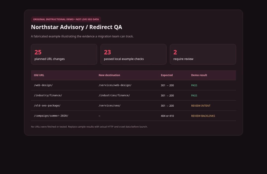 Screenshot of an original fictional redirect quality assurance dashboard for website migrations