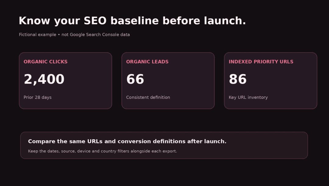 Illustrative prelaunch organic clicks, leads and indexed priority pages recorded before a website redesign