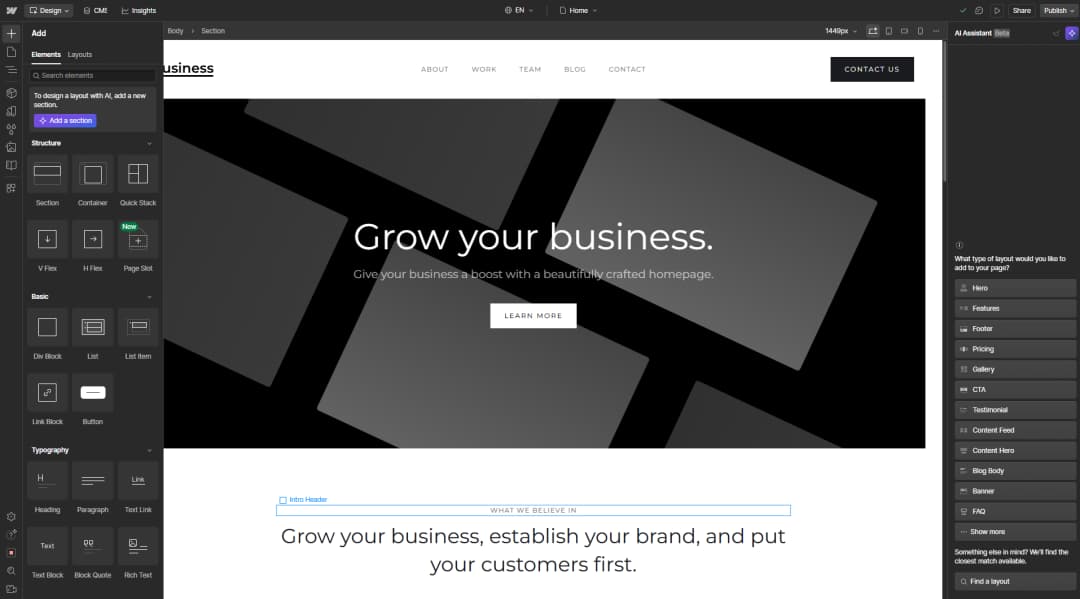 Webflow Designer with AI Assistant Beta and section layout options