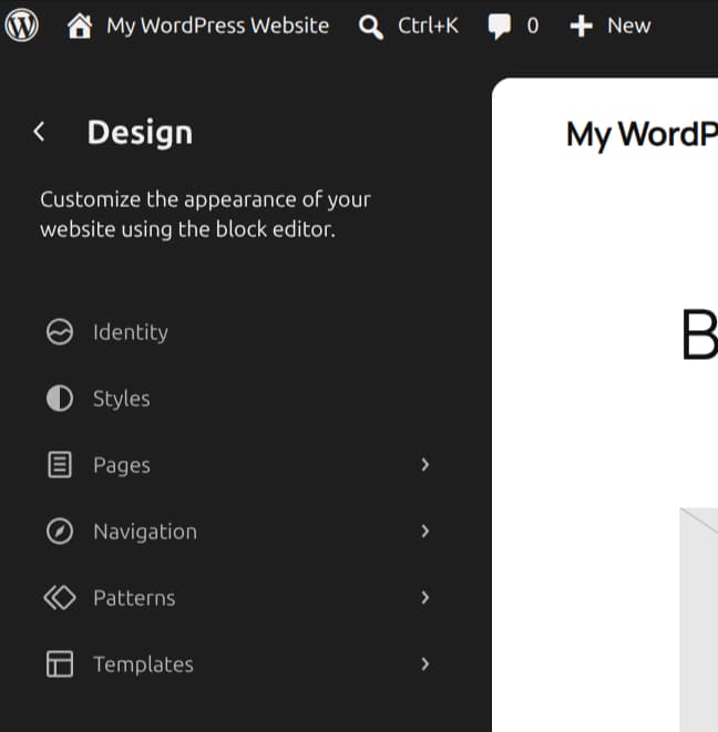 WordPress Site Editor navigation with Templates entry